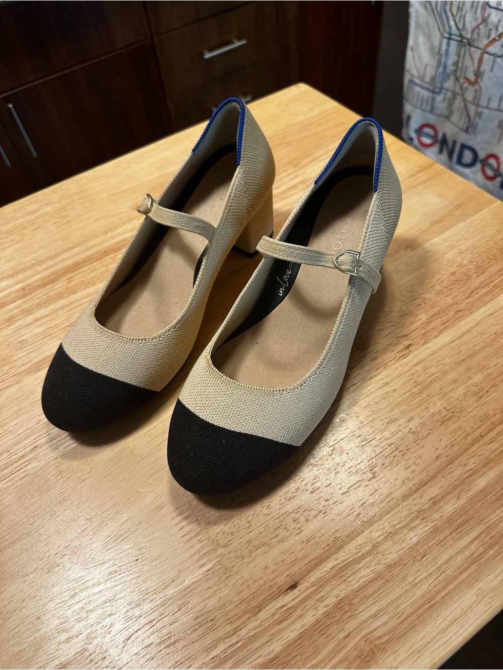 Rothy's Two-Tone Mary Jane Heels in Beige, Black & Blue Trim